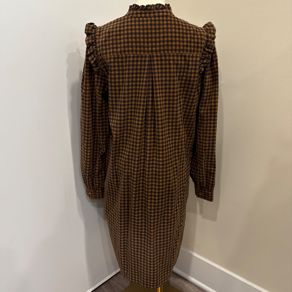 Garnet Hill Daphne Corduroy Dress Brown Check Plaid Gingham Ruffle Mock Neck M - Picture 3 of 11
